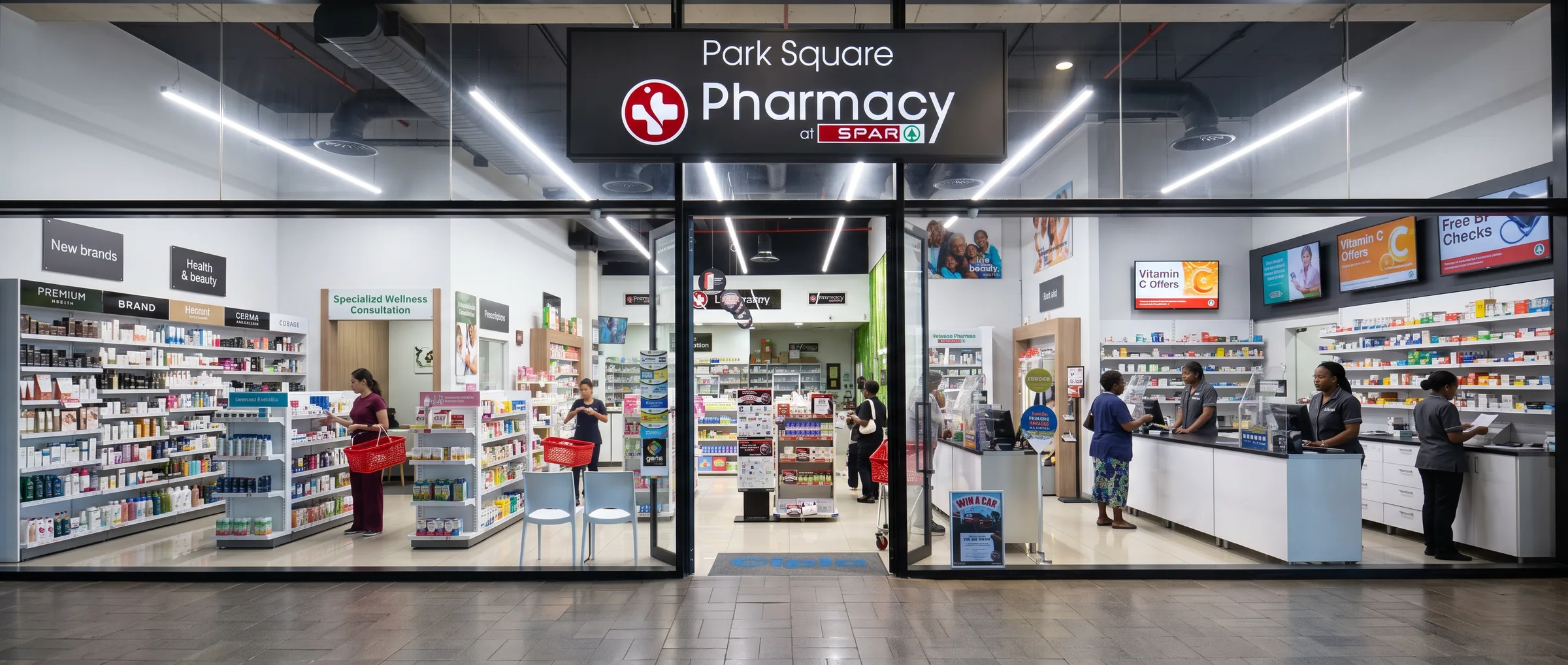The Park Square Pharmacy shopfront at Park Square, with the dispensary counter and front shop visible through the glass